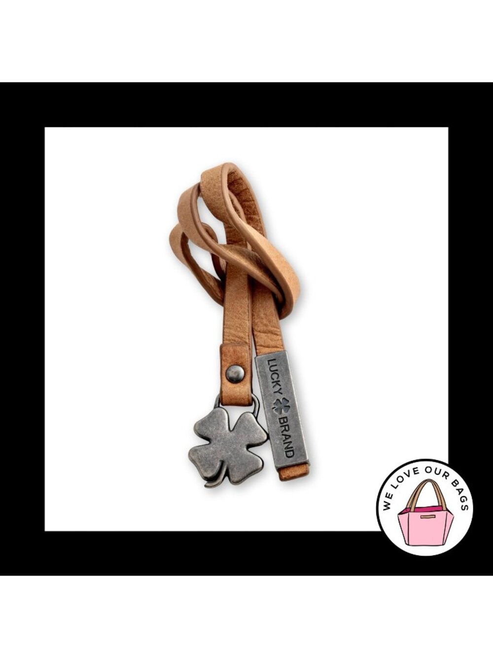 LUCKY BRAND Gunmetal Gray Brown Leather Tassel Bag Charm Hang Tag Keychain Fob